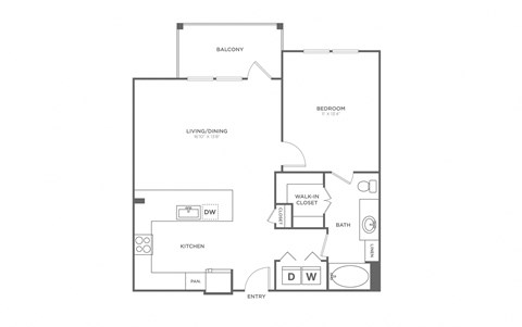 Floor plan for 1 bed, 1 bath, 760 sqft